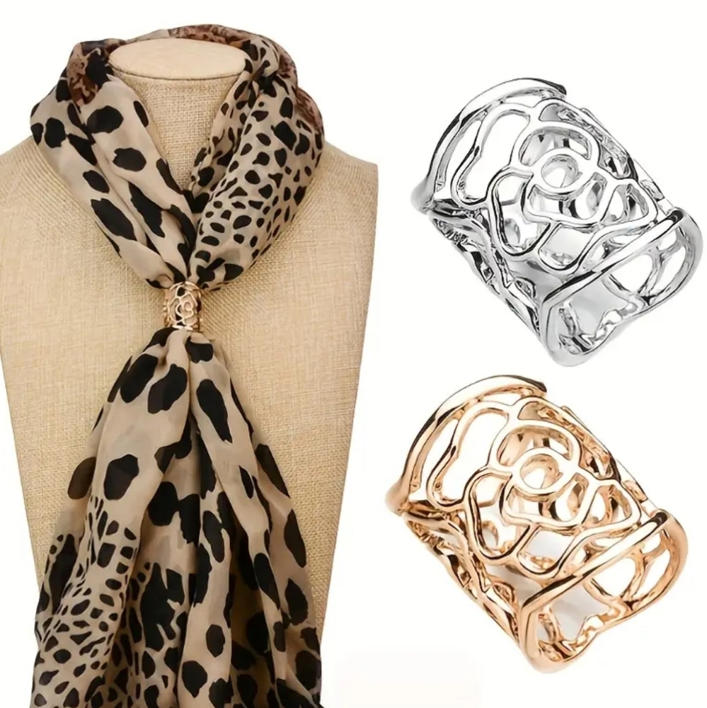 2pcs Hollow Out Scarf Buckle Set, Silver and Gold